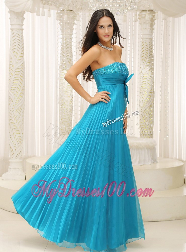 Teal Party Dresses With Bowknot Pleat Beading For Formal Evening
