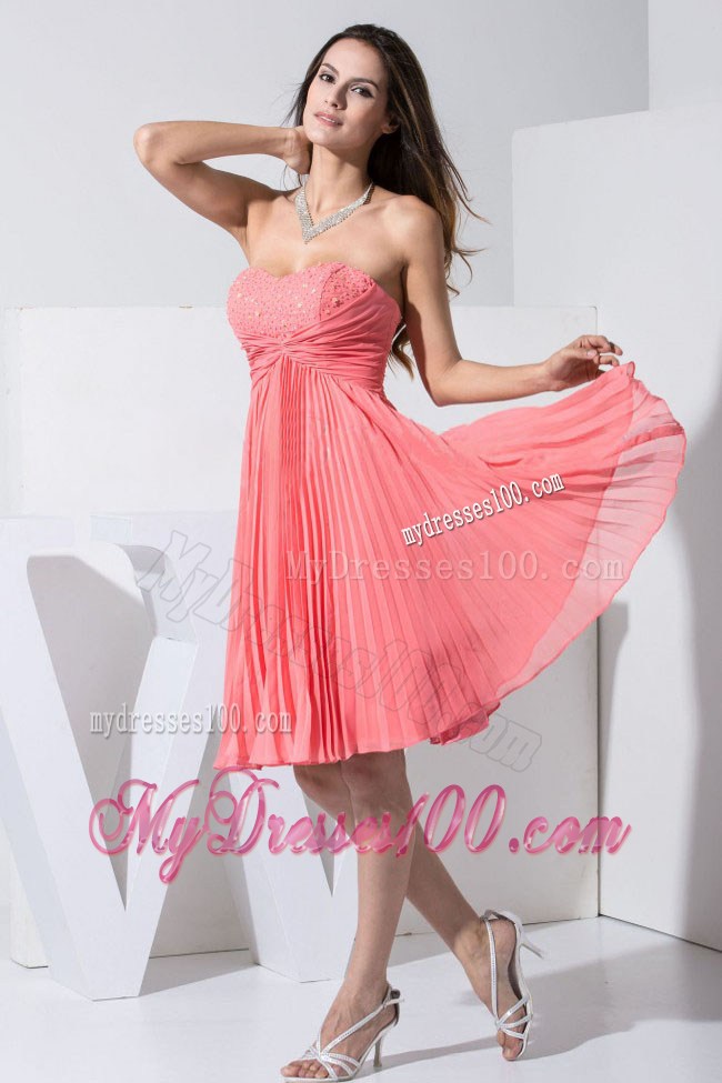 Cute Beading and Pleat Knee-length Watermelon Red 2013 Party Dresses
