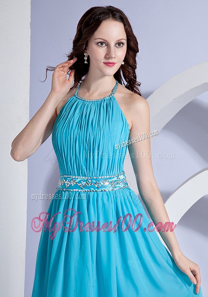 Beading and Ruching Halter Aqua Blue Knee-length 2013 Party Dress
