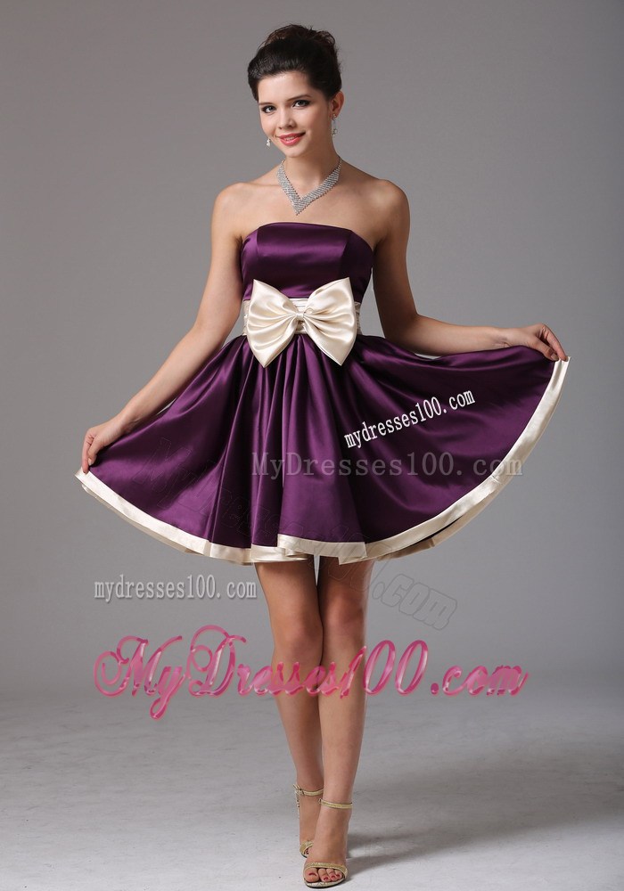 Beautiful Dark Purple Strapless Party Dresses With Sash Mini-length