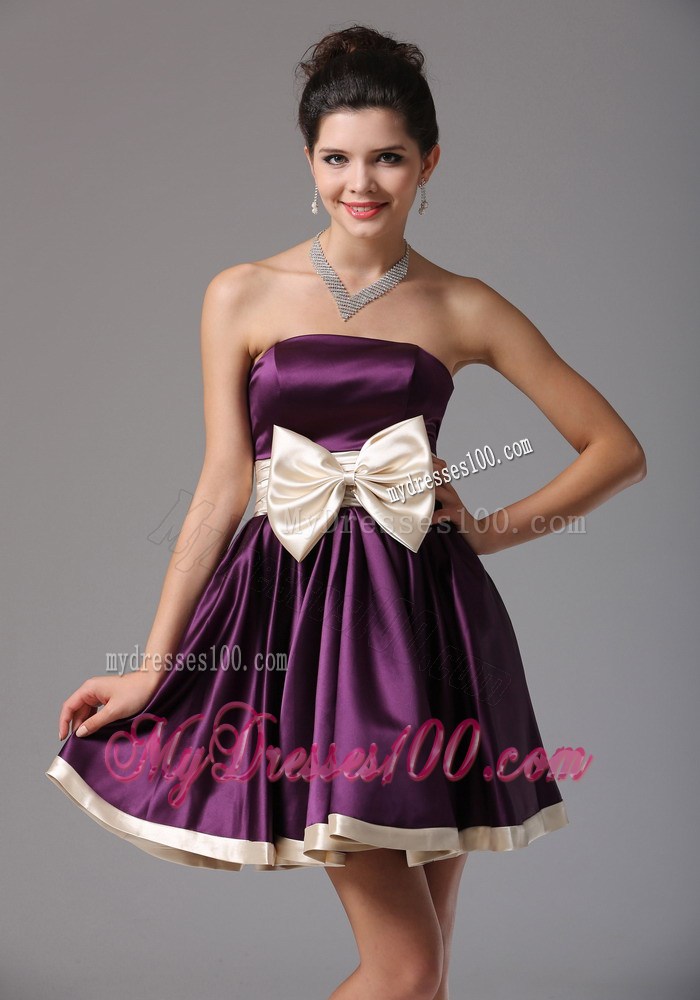 Beautiful Dark Purple Strapless Party Dresses With Sash Mini-length