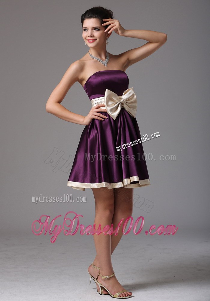 Beautiful Dark Purple Strapless Party Dresses With Sash Mini-length