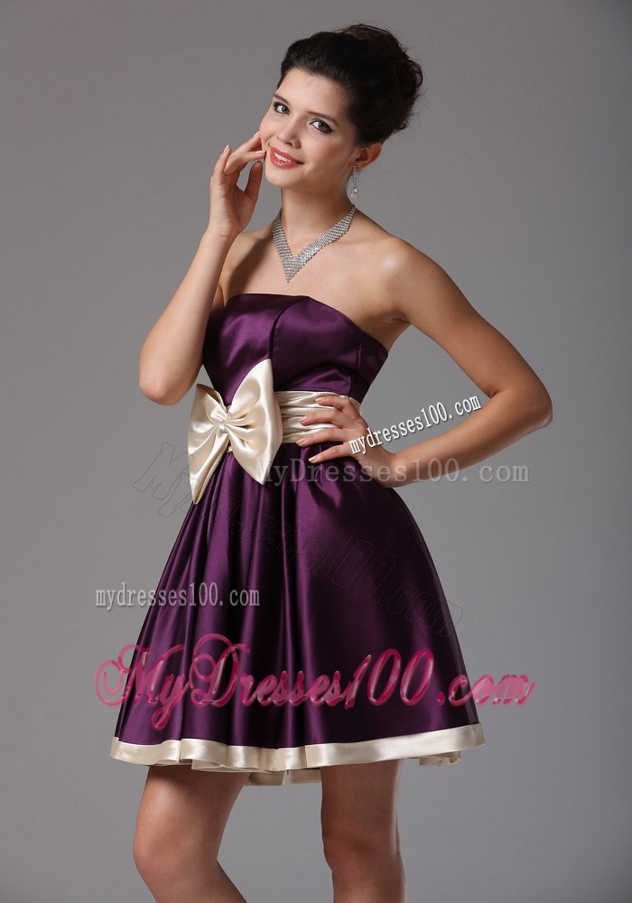 Beautiful Dark Purple Strapless Party Dresses With Sash Mini-length