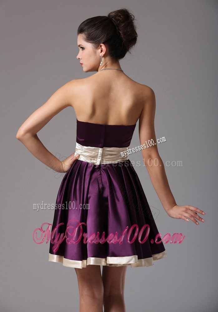 Beautiful Dark Purple Strapless Party Dresses With Sash Mini-length