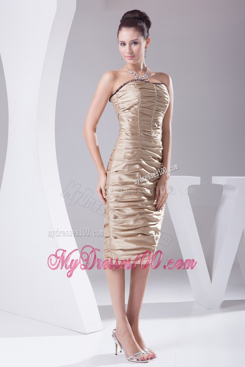 Champagne Column Strapless Teal-length Ruched Beading Party Dress