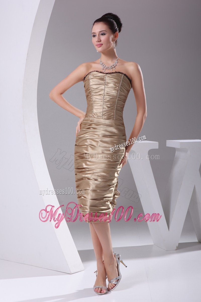 Champagne Column Strapless Teal-length Ruched Beading Party Dress