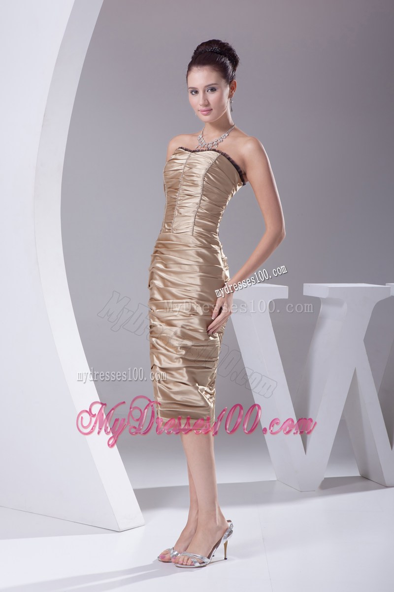 Champagne Column Strapless Teal-length Ruched Beading Party Dress