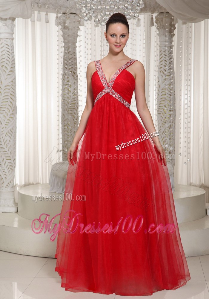 Beautiful Long Empire Party Dress With V-neck Red 2013 Summer