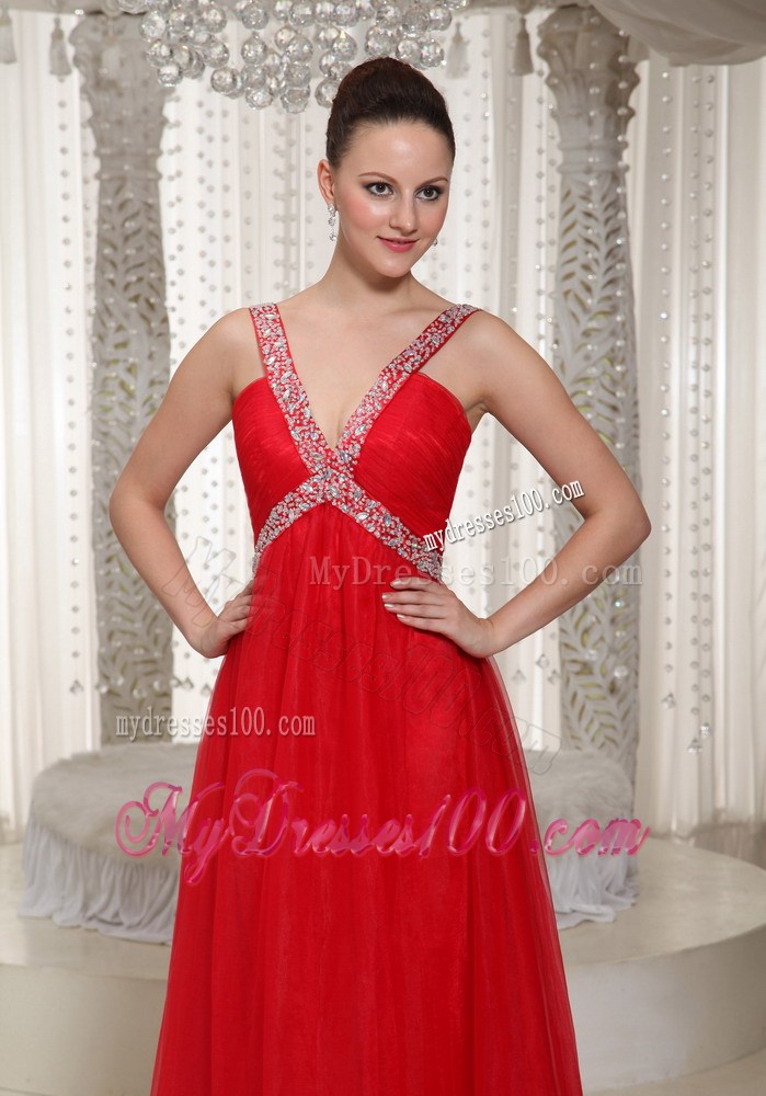 Beautiful Long Empire Party Dress With V-neck Red 2013 Summer