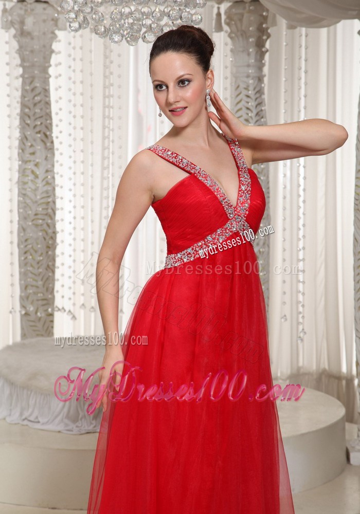 Beautiful Long Empire Party Dress With V-neck Red 2013 Summer