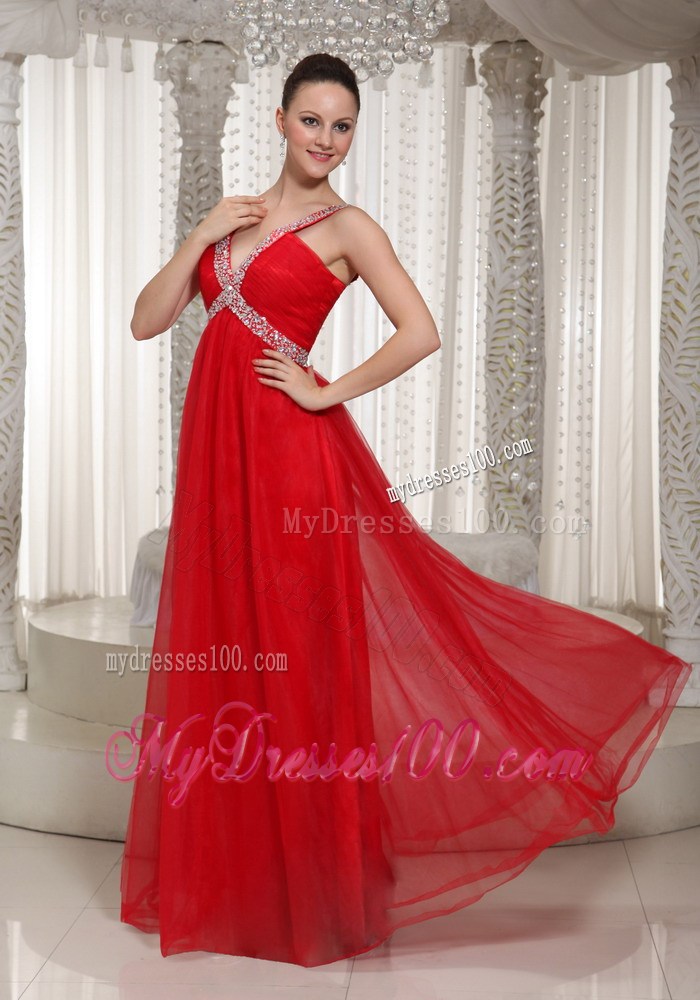 Beautiful Long Empire Party Dress With V-neck Red 2013 Summer