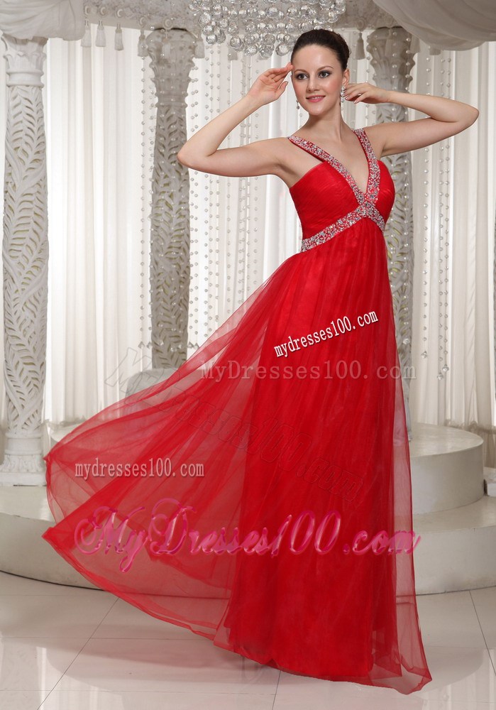 Beautiful Long Empire Party Dress With V-neck Red 2013 Summer