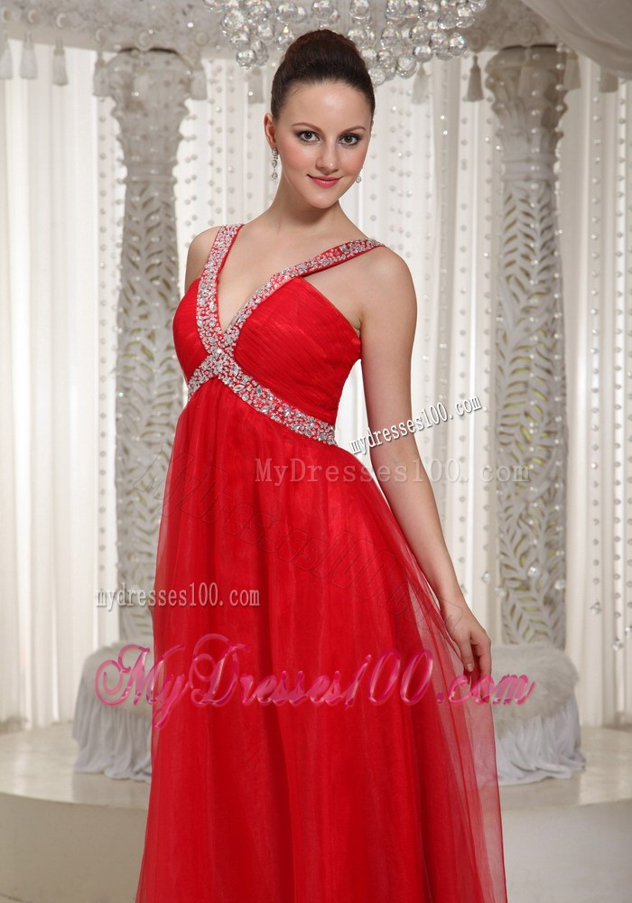 Beautiful Long Empire Party Dress With V-neck Red 2013 Summer