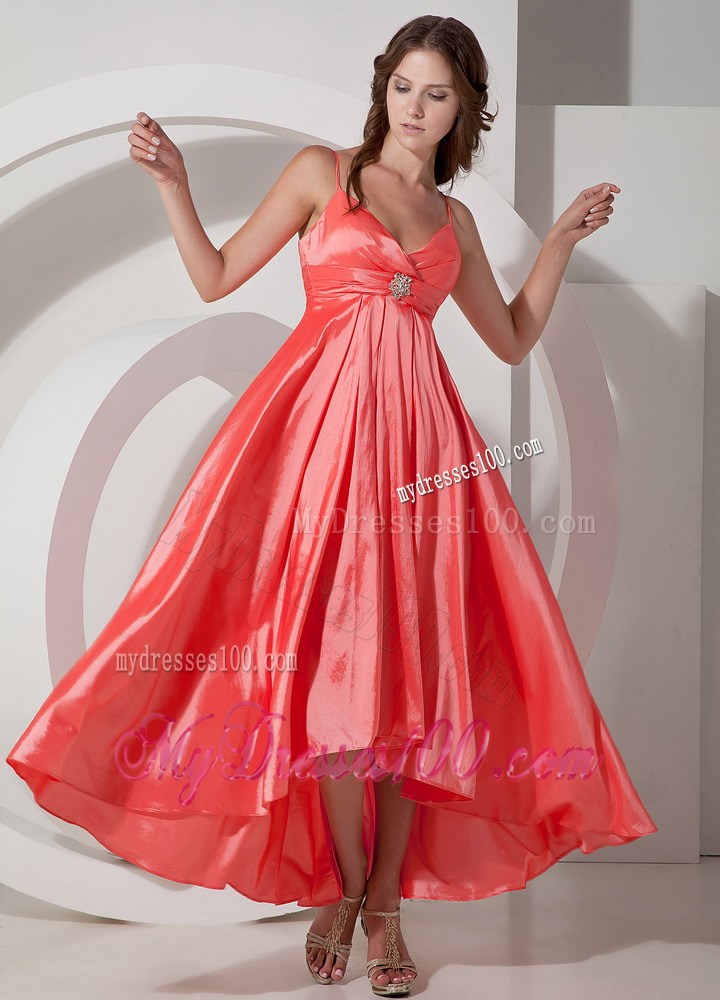 Empire Beaded Party Dress Watermelon Asymmetrical Spaghetti Straps