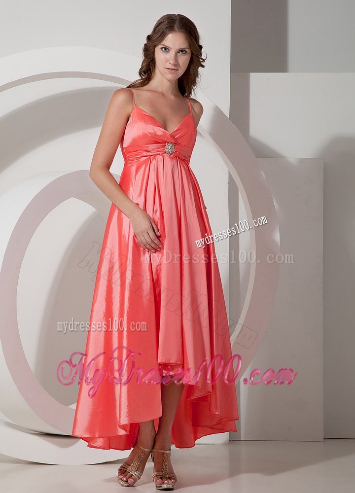 Empire Beaded Party Dress Watermelon Asymmetrical Spaghetti Straps