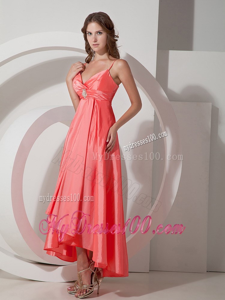 Empire Beaded Party Dress Watermelon Asymmetrical Spaghetti Straps