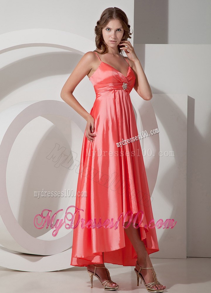 Empire Beaded Party Dress Watermelon Asymmetrical Spaghetti Straps