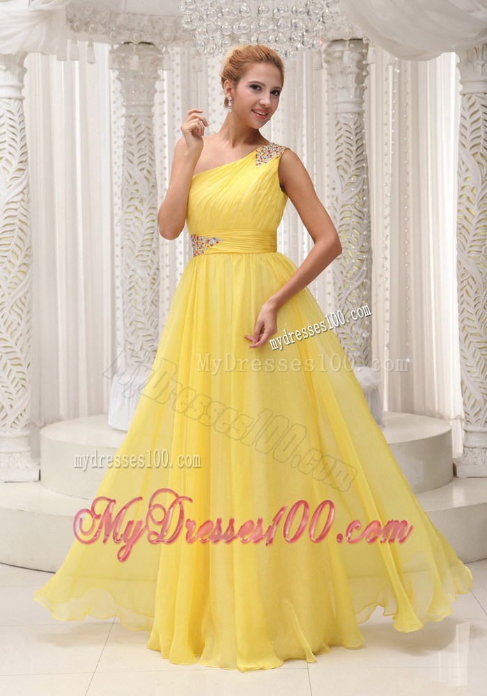 Beaded One Shoulder and Ruched Yellow Floor-length Party Dresses