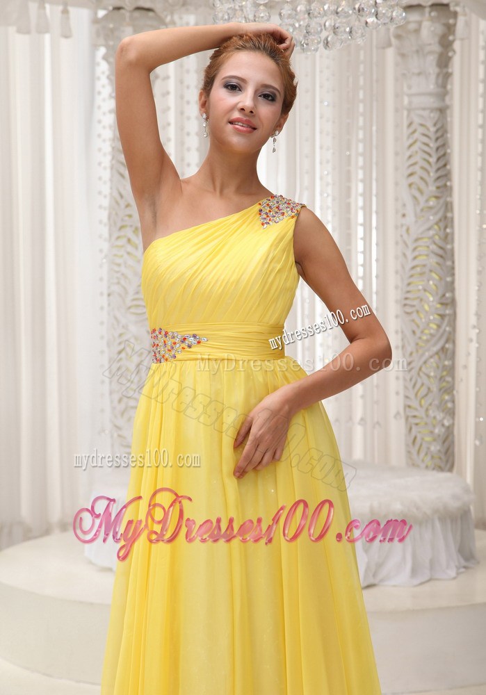 Beaded One Shoulder and Ruched Yellow Floor-length Party Dresses