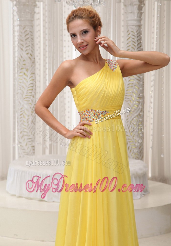 Beaded One Shoulder and Ruched Yellow Floor-length Party Dresses