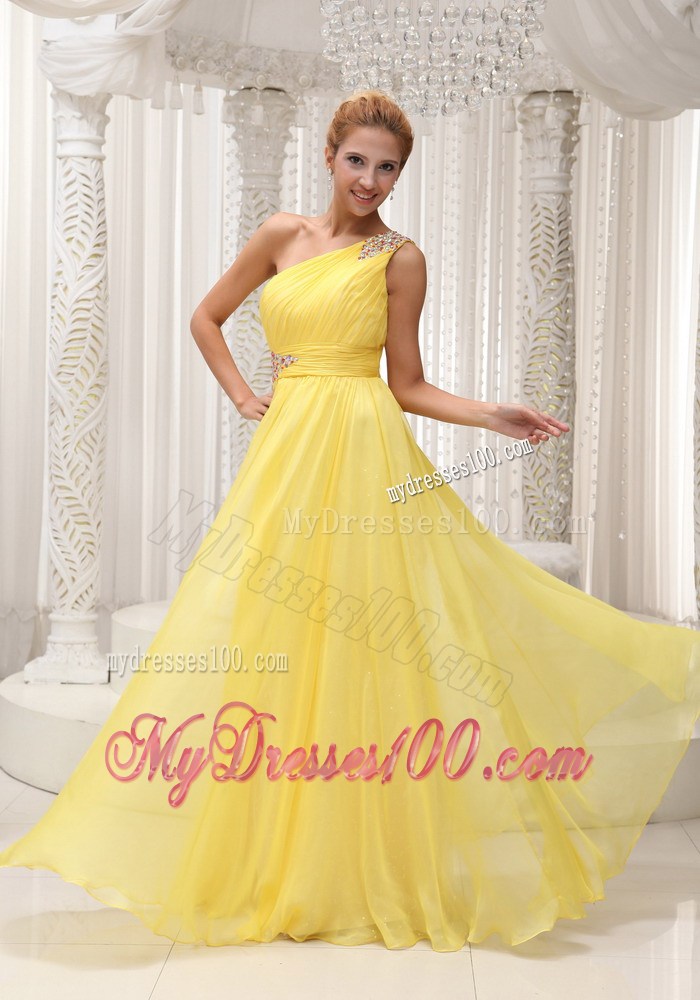 Beaded One Shoulder and Ruched Yellow Floor-length Party Dresses