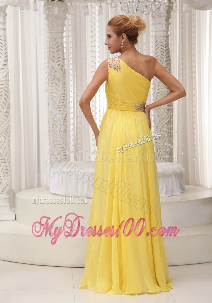 Beaded One Shoulder and Ruched Yellow Floor-length Party Dresses