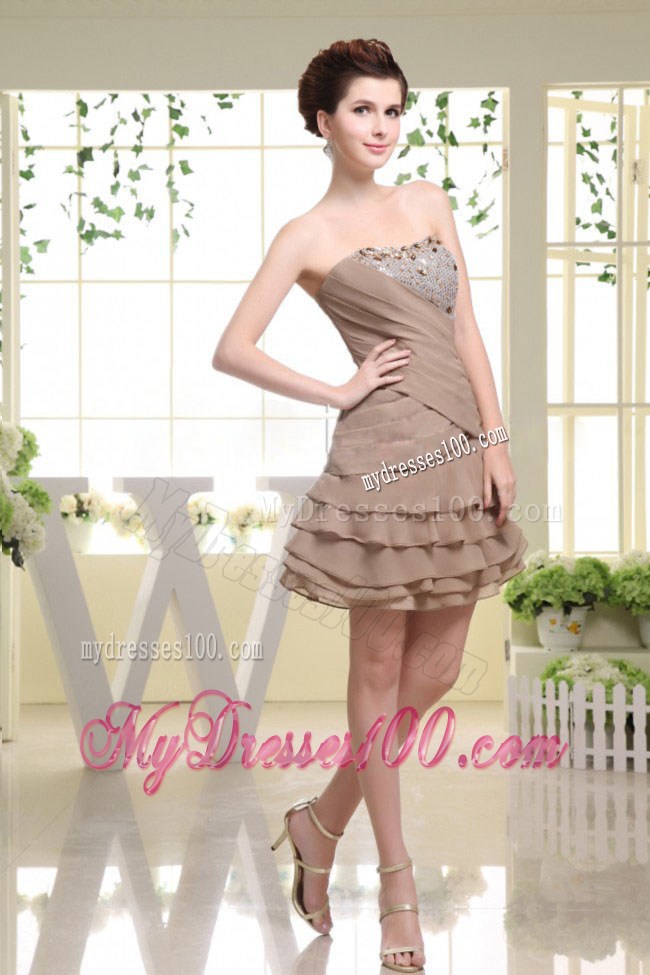 Cheap Grey Mini-length Party Dress With Beading and Ruffled Layers