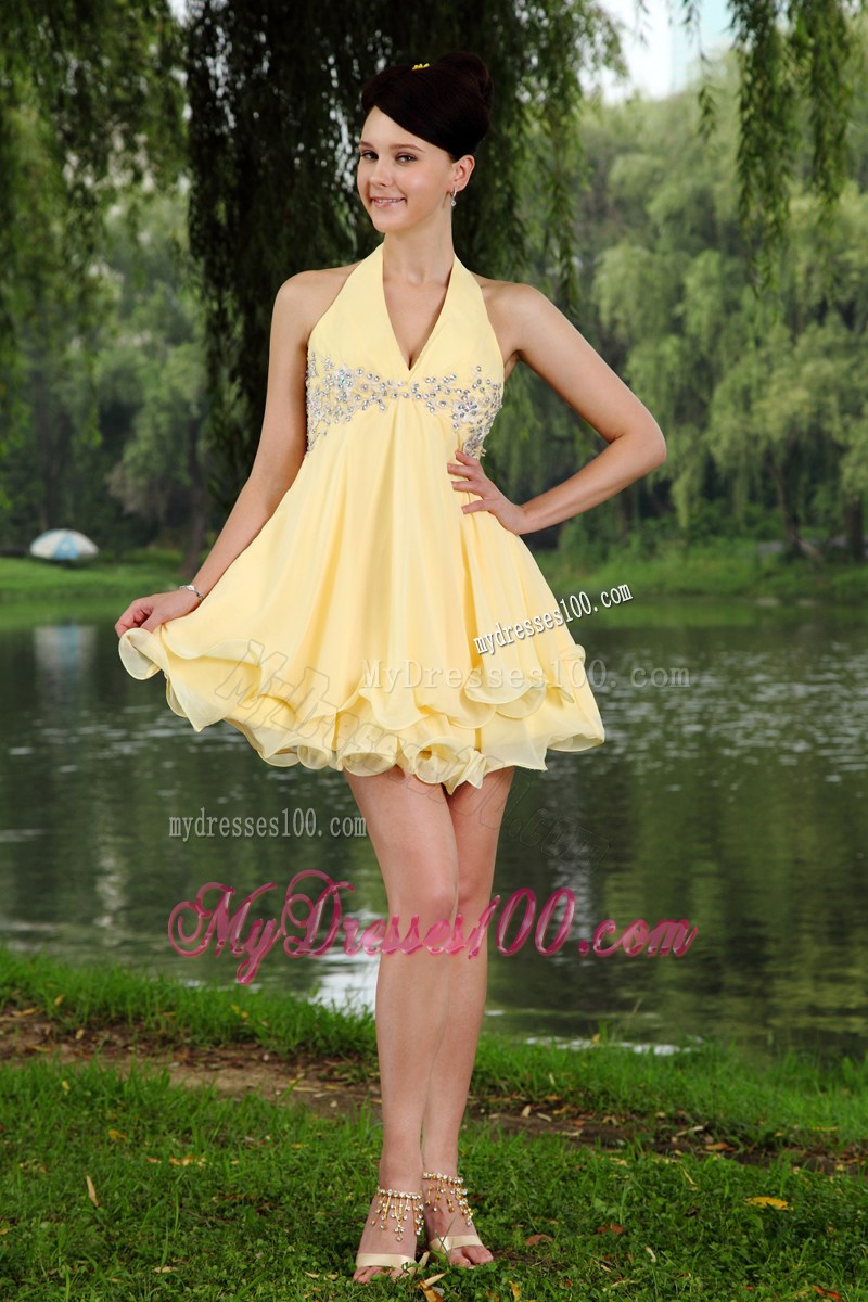 2013 Light Yellow Empire Halter Mini-length Beading Party Dresses