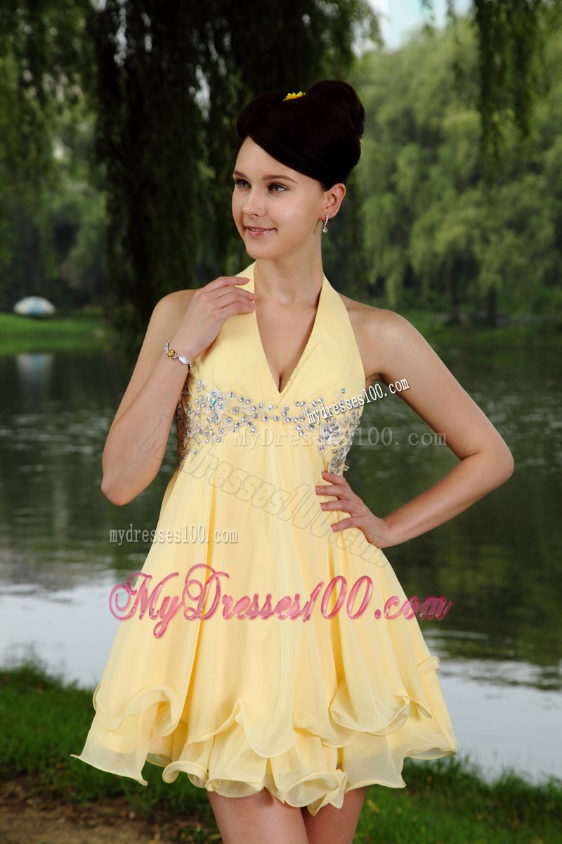 2013 Light Yellow Empire Halter Mini-length Beading Party Dresses