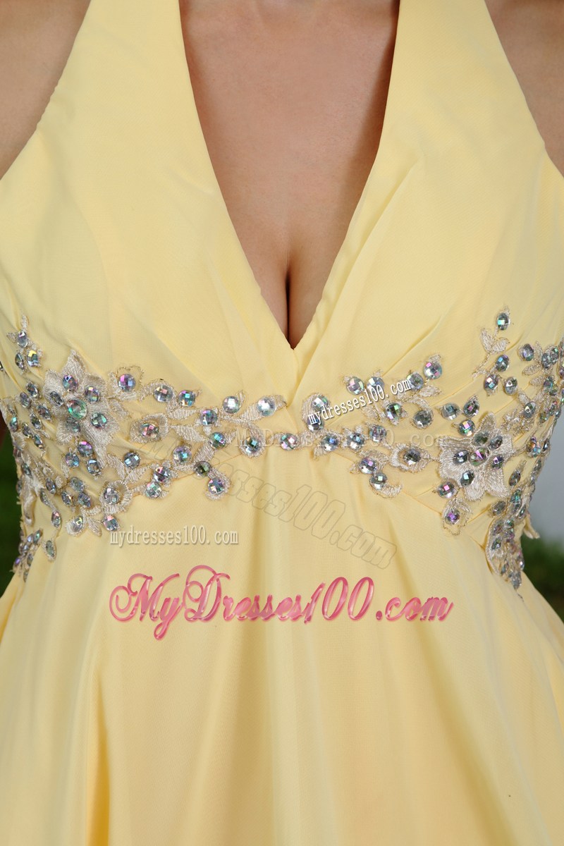 2013 Light Yellow Empire Halter Mini-length Beading Party Dresses