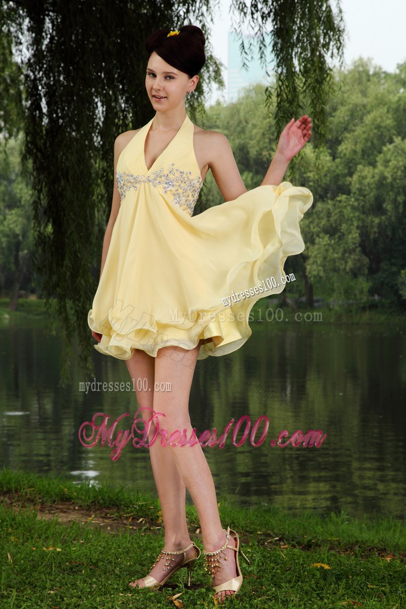 2013 Light Yellow Empire Halter Mini-length Beading Party Dresses