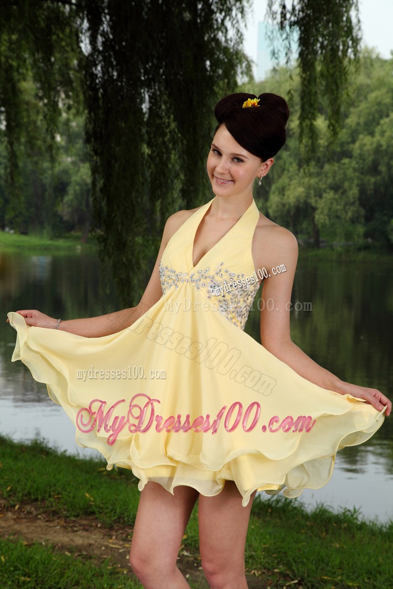 2013 Light Yellow Empire Halter Mini-length Beading Party Dresses