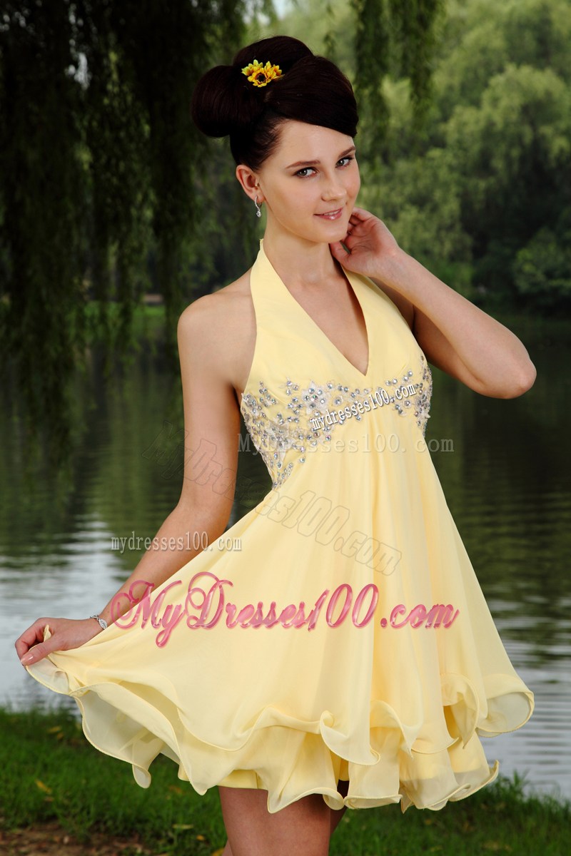 2013 Light Yellow Empire Halter Mini-length Beading Party Dresses