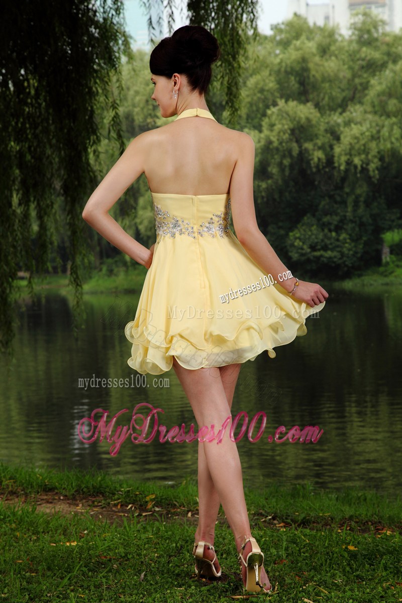 2013 Light Yellow Empire Halter Mini-length Beading Party Dresses