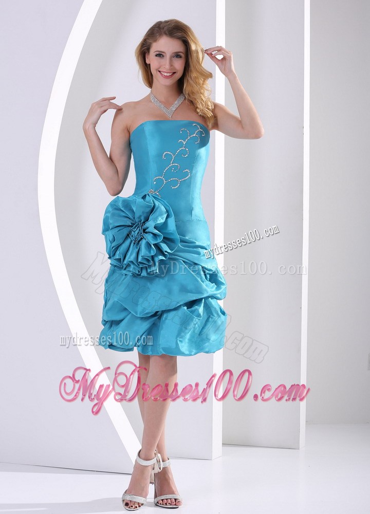 Cheap Turquoise Column Strapless Flowers Appliques Party Dresses