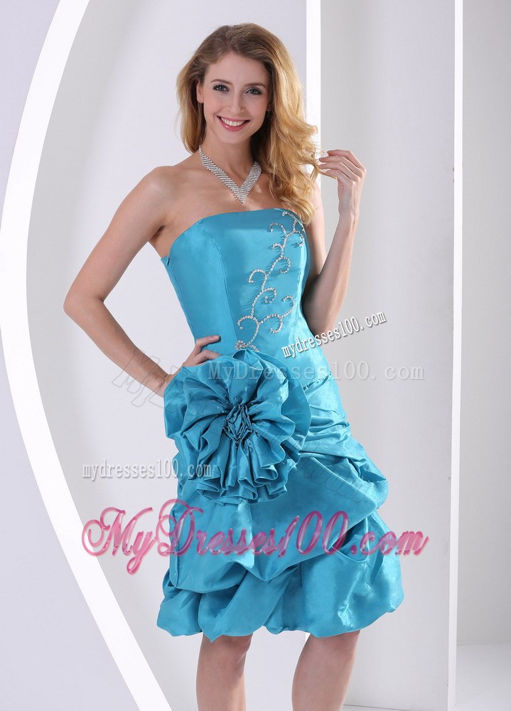 Cheap Turquoise Column Strapless Flowers Appliques Party Dresses