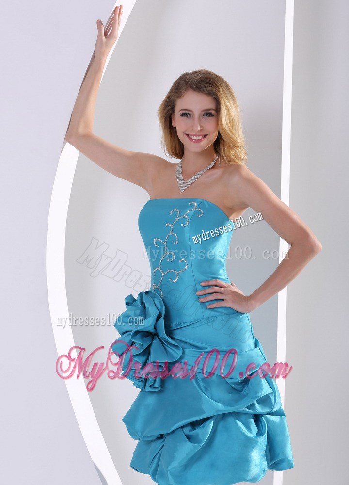 Cheap Turquoise Column Strapless Flowers Appliques Party Dresses