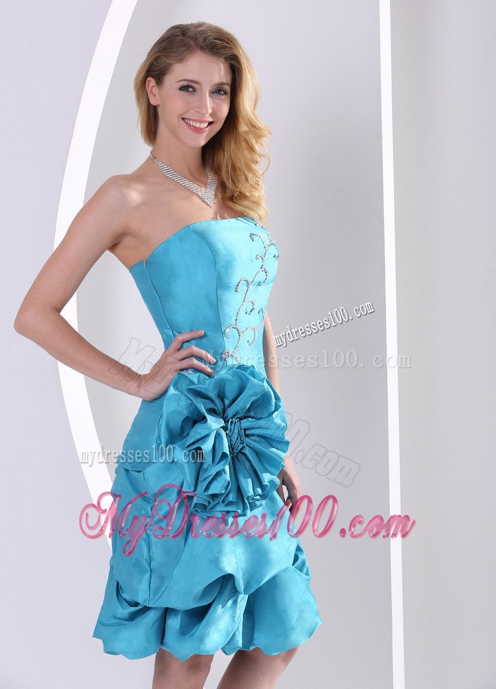 Cheap Turquoise Column Strapless Flowers Appliques Party Dresses