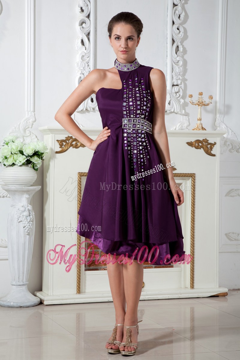 Dark Purple Empire Asymmetrical Party Dresses Knee-length Beading