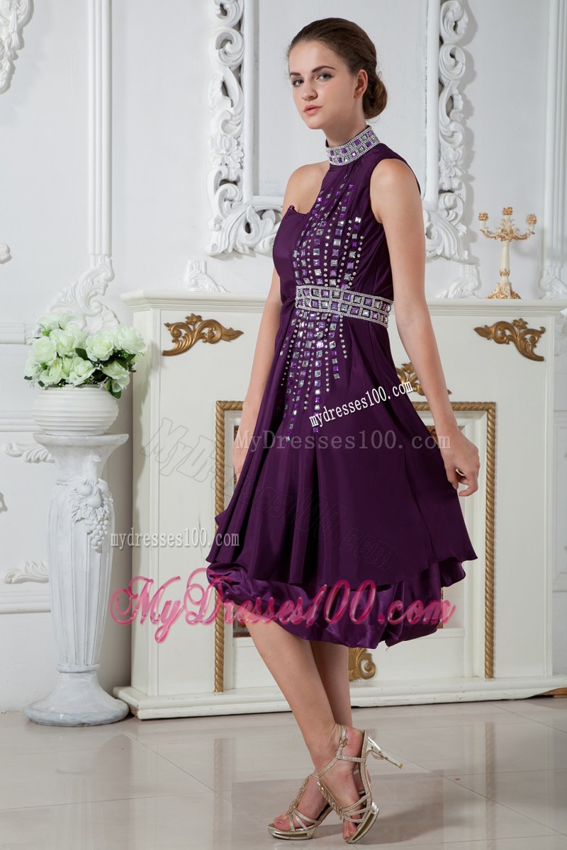 Dark Purple Empire Asymmetrical Party Dresses Knee-length Beading