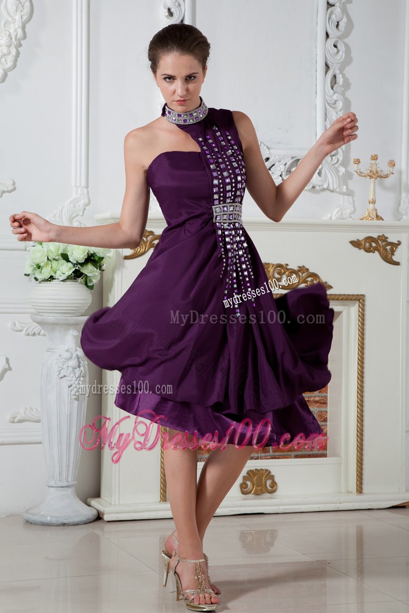 Dark Purple Empire Asymmetrical Party Dresses Knee-length Beading