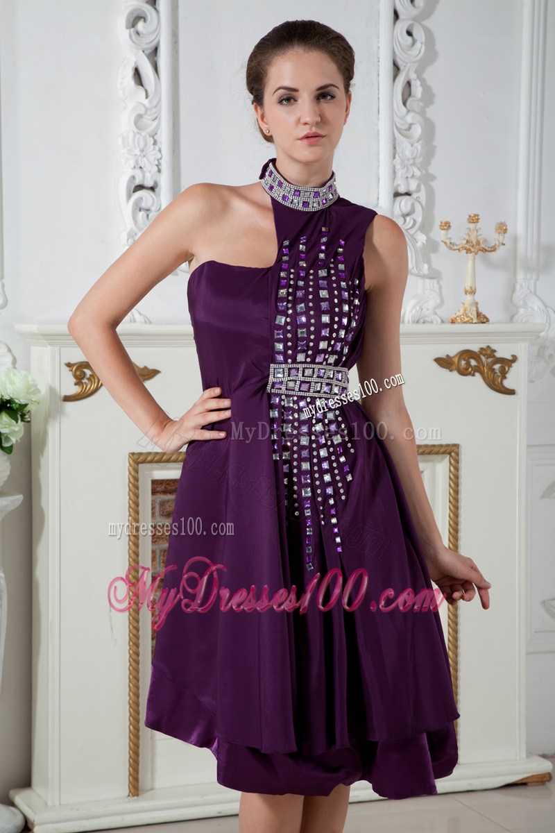 Dark Purple Empire Asymmetrical Party Dresses Knee-length Beading