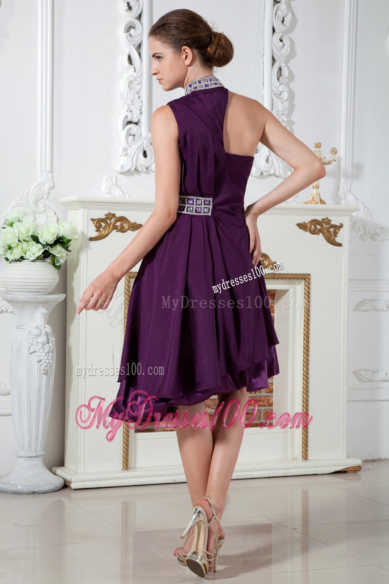 Dark Purple Empire Asymmetrical Party Dresses Knee-length Beading