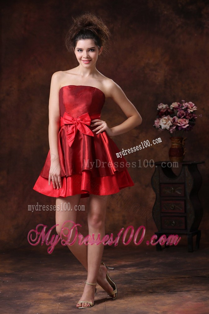 2013 Simple Bowknot Red Mini-length Strapless Party Dress