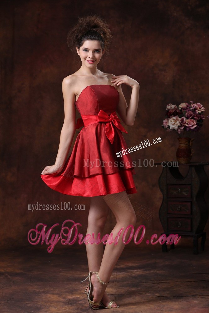 2013 Simple Bowknot Red Mini-length Strapless Party Dress
