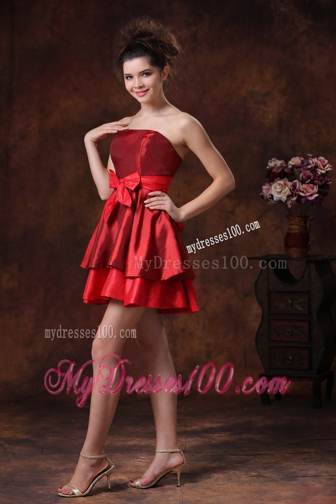 2013 Simple Bowknot Red Mini-length Strapless Party Dress