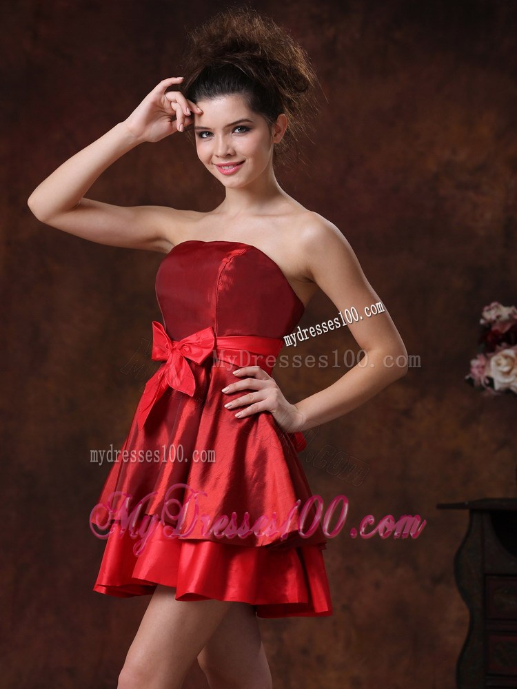 2013 Simple Bowknot Red Mini-length Strapless Party Dress