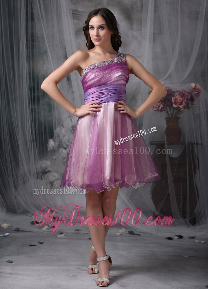Lavender One Shoulder Mini-length Party Dress With Beading