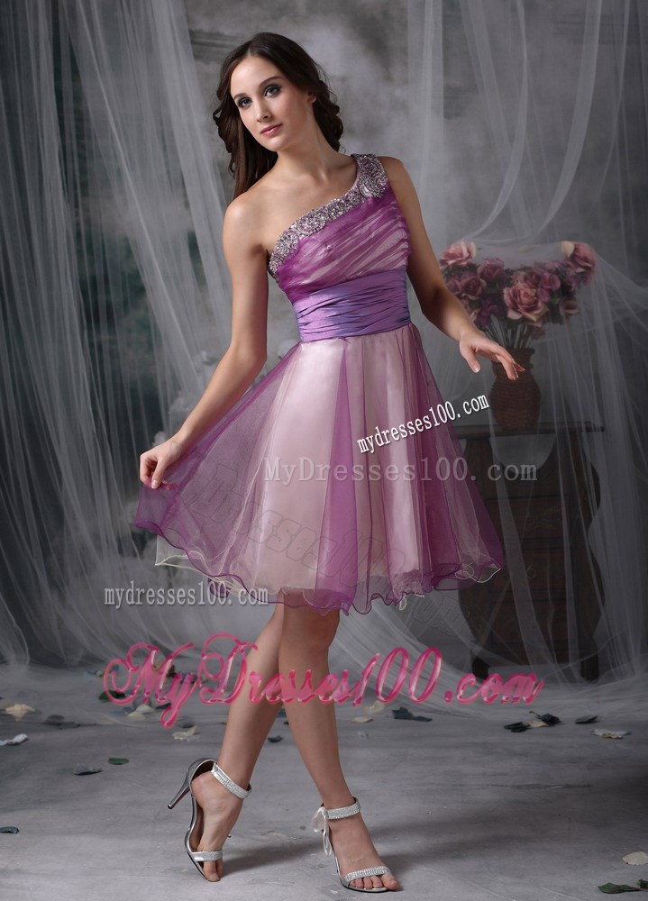 Lavender One Shoulder Mini-length Party Dress With Beading