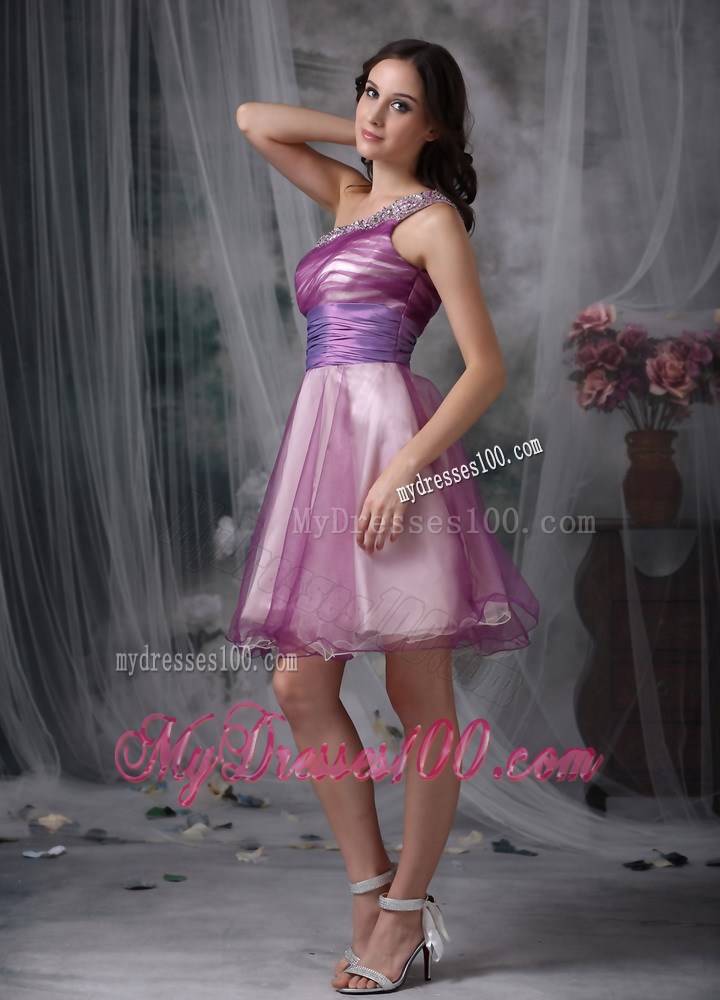 Lavender One Shoulder Mini-length Party Dress With Beading